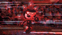 a cartoon character with red spikes on his head is standing in front of a red background