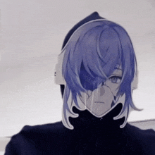 a person with purple hair is wearing a mask on their face