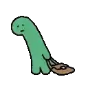 a green cartoon character is holding a brown purse and has a sad face on his face .