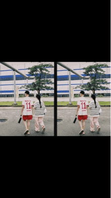 two girls wearing matching shirts with number 11 on the back