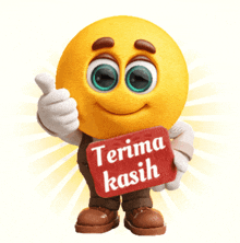 a yellow smiley face holding a red sign that says terima kasih