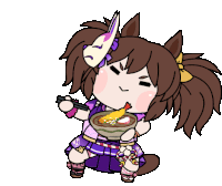 a cartoon of a girl with pigtails eating a bowl of food with chopsticks