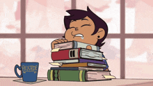 a cartoon of a girl with a stack of books next to a hexside mug