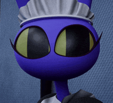 a close up of a purple cat wearing a maid hat