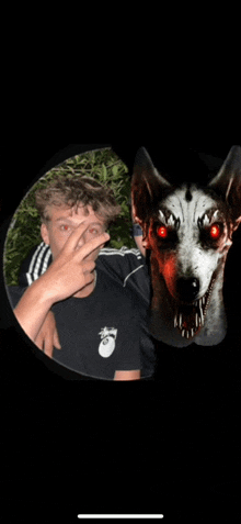 a man giving a middle finger next to a picture of a dog with red eyes