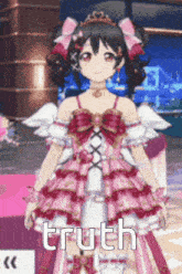 a girl in a pink dress with the word truth written on the bottom