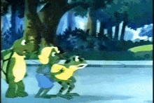 two frogs and a turtle are standing next to each other on a sidewalk