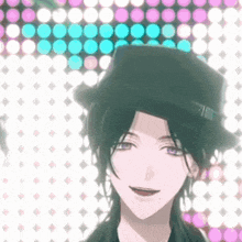 a young man wearing a black hat with purple eyes is smiling .
