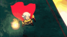 a cartoon of a man with a red cape flying through the air