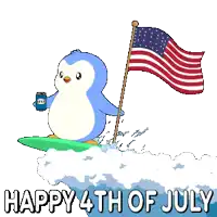 a penguin on a surfboard with an american flag and the words happy 4th of july on the bottom