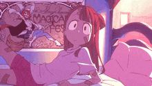 a cartoon girl is laying on a bed in front of a poster that says magical fest
