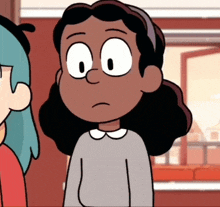 a cartoon girl with big eyes is standing next to another cartoon girl .