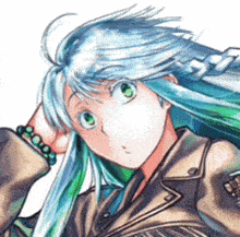a close up of a girl with long blue hair and green eyes