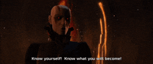 a man with red eyes says " know yourself "