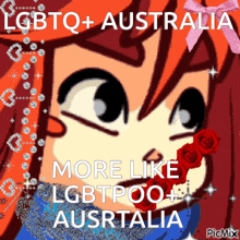 a picture of a girl with roses in her mouth that says lgbtq + australia more like lgbtpoo + australia