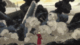 a cartoon of a man standing in front of a destroyed vehicle