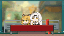 a cartoon of two girls sitting on a bench looking out a window