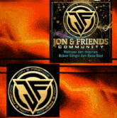 a logo for jon & friends community is shown on a red background