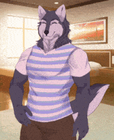 a cartoon of a wolf wearing a striped shirt and smiling