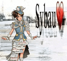 a drawing of a woman wearing a dress made out of papers with sybau in the background