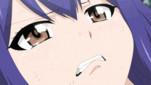 a close up of a girl 's face with purple hair and black eyes