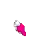 a pixel art drawing of a pink and white dog laying down on a white background .