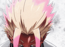 a close up of a person 's face with pink hair and red eyes