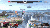 a screenshot of a video game with a waterfall in the background and the number 33 on the screen