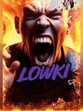 a poster of a man with his mouth open and the word lowki on the bottom