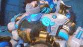 a video game character laying on top of another robot