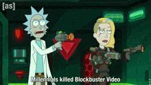 a cartoon of rick and morty with millennials killed blockbuster video