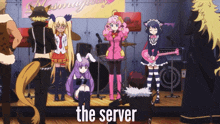 a group of anime characters are standing on a stage with the words the server below them