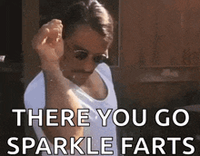a man wearing sunglasses and a white tank top says " there you go sparkle farts "