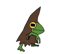 a green frog wearing a brown hat and a brown skirt