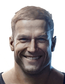a close up of a man 's face smiling with a white background