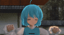 a cartoon character with blue hair is smiling and holding her arms outstretched