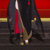 a girl with pink hair is wearing a black and gold dress