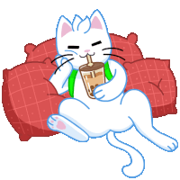a white cat is sitting on a red couch drinking a drink with a straw