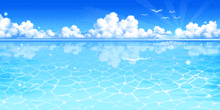 a pixel art of a blue ocean with clouds and birds in the sky