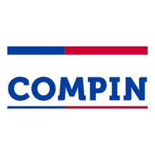 a blue and red logo for comptin with a white background