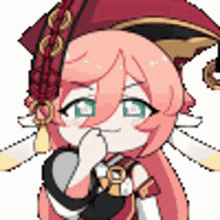 a pixel art drawing of a girl covering her mouth with her hand .