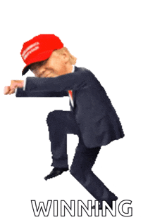 a cartoon of donald trump wearing a red hat with the word winning underneath him