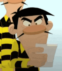 a cartoon character with a mustache is holding a piece of paper in his hand