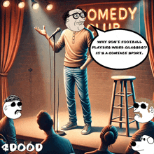 a cartoon of a man giving a speech in front of a sign that says comedy