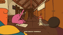 a cartoon scene with the words now brace yourself below it