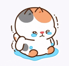 a cartoon cat is crying while sitting on the floor .