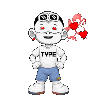 a cartoon character wears a type shirt and shorts