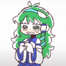 a drawing of a girl with green hair and white face