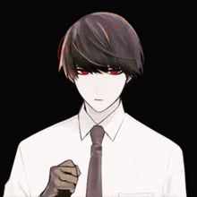 a man in a white shirt and black tie with red eyes