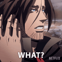 a cartoon of a man with a hand on his ear and the words " what " below him